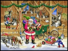 MDG - Christmas Reindeer Barn Quilting And Crafting Fabric Panel With Santa