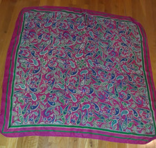 Fuchsia Pink Blue Green Paisley Boho Sheer 100 Silk Square Scarf 38"