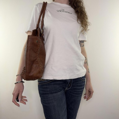 Vintage oversized shoulder bag boho faux leather studded fringe 2010s rock chic - Picture 3 of 11