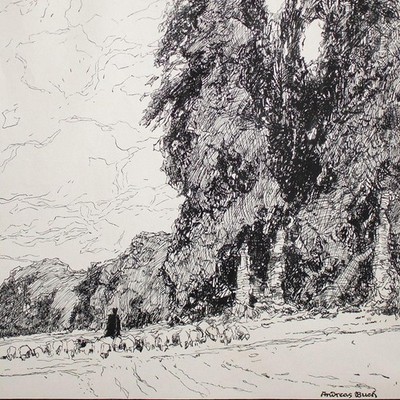 Andreas Book Pastoral Scene Shepherd with Flock Signed Ink Drawing 20th Century