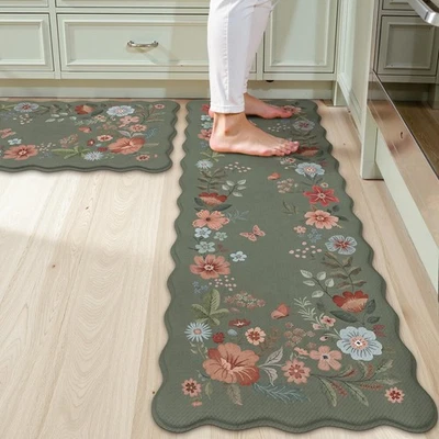 Best Collive Anti Fatigue Kitchen Mats Scalloped Green Floral Rugs Set of 2 Non