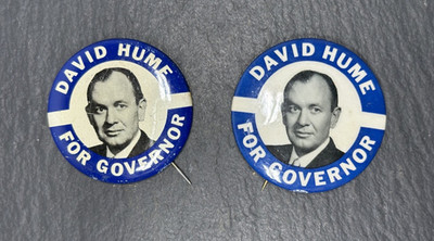 TWO VINTAGE DEMOCRAT DAVID HUME FOR GOVERNOR OF MARYLAND CAMPAIGN BUTTONS N89