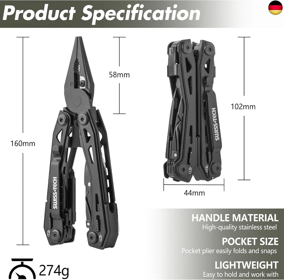 Swiss+Tech Multitool 16 in 1, Multifunktionszange Edelstahl Faltbares - Bild 4 von 4