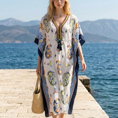 Echo New York Floral Paisley Cotton Kaftan Maxi Dress White Navy S/M EB0241