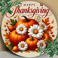 2D Flat, 2D 2D Flat, 7.8x7.8inch Round Aluminum Metal Sign- Autumn Pumpkin Wreat
