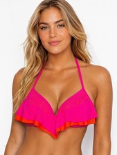 Victoria s Secret PINK Bikini Top L Large Neon Pink Orange Ruffle Halter Swim