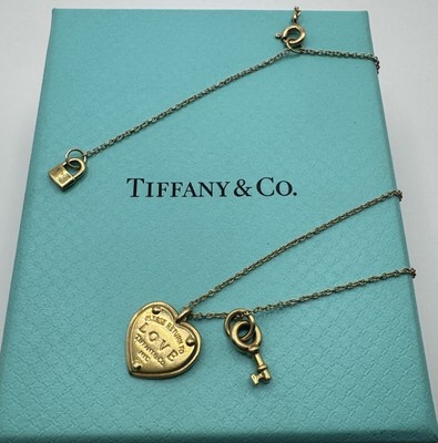 Tiffany & Co. 18k Gold Return LOVE Heart Padlock Lock Key Necklace