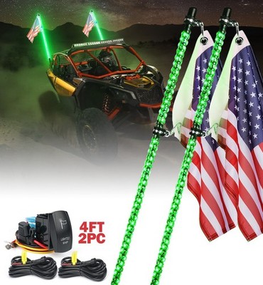 2PCS 4FT Green LED Whip Lights w Quick Release Base US Flags for Polaris RZR 900