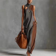New Bohemian Women's Maxi Dress Vest Type Color Block Summer Beach Dress Loose 