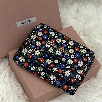 Miu Miu tri-fold wallet leather floral pattern RFID gold tone metal used