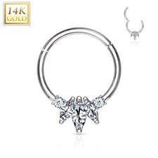 14K Solid Gold 3 Marquise CZ Hinged Hoop Ring Septum Daith Tragus