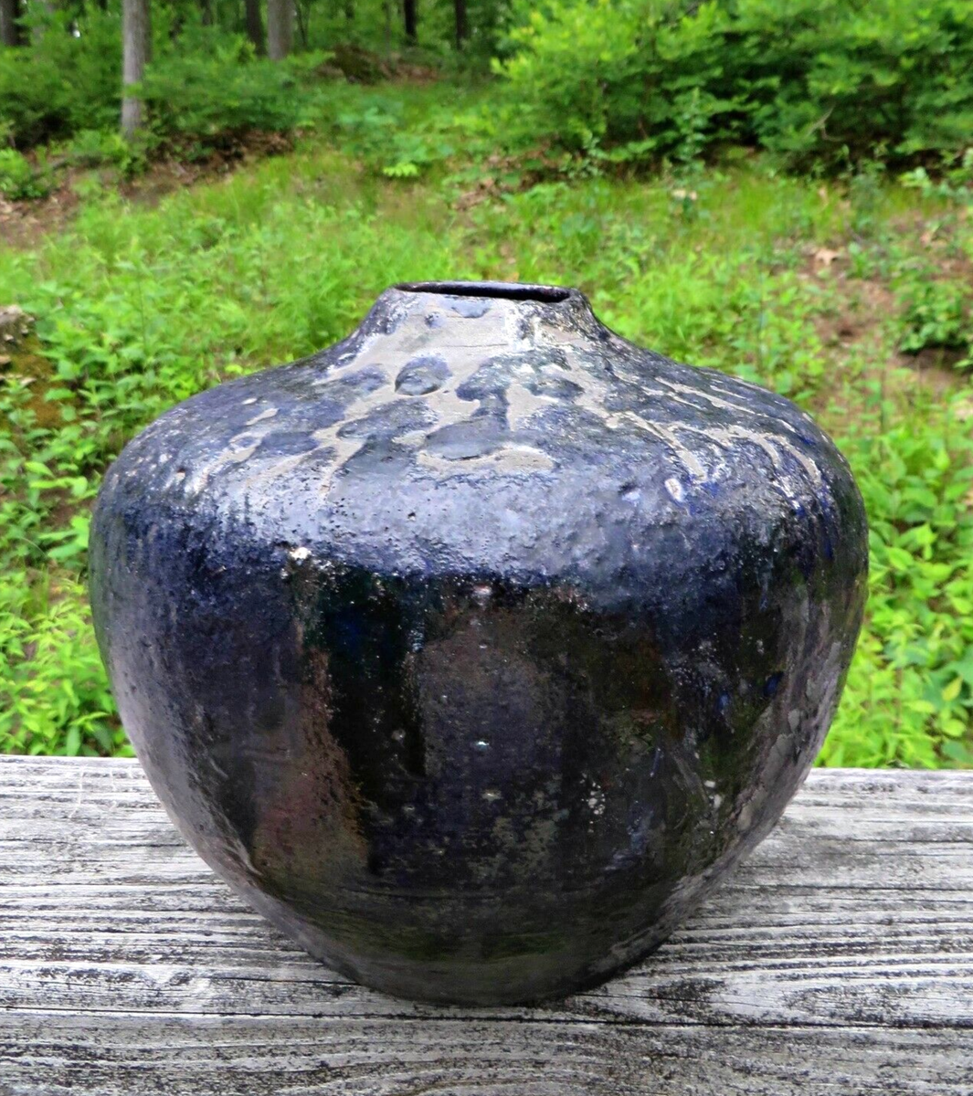 工芸品 raku Vtg RAKU Studio Art Pottery Ceramic Fired Black Metallic