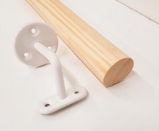 Pine mopstick round stair handrail 44mm diameter with white brackets wooden rail