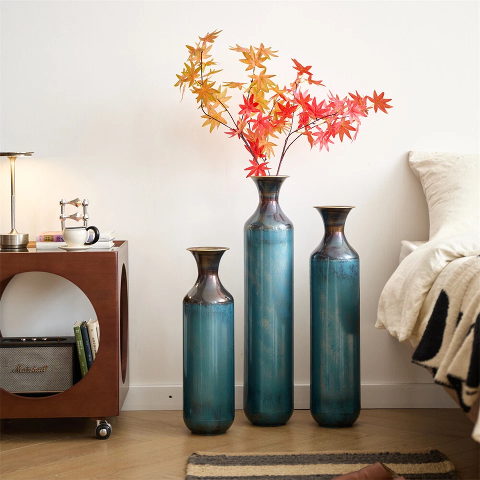 Jarrón de metal esmaltado decoración hogar gota en forma de jarrón de metal azul aguamarina conjunto de 3 piezas Foto 2 de 4
