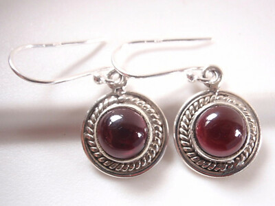 Garnet Round 925 Sterling Silver Dangle Earrings with Rope Style Highlights