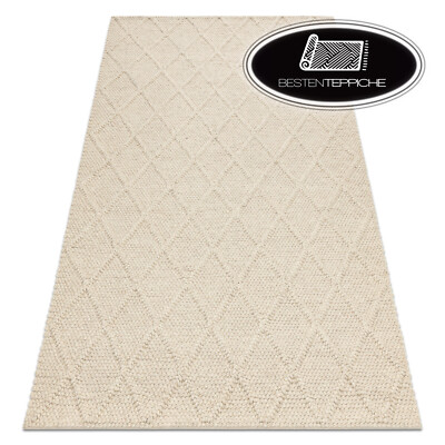 Moderne Handgewebt Wollteppich TAHAR Creme Schlinge Rauten Boho beste Qualität