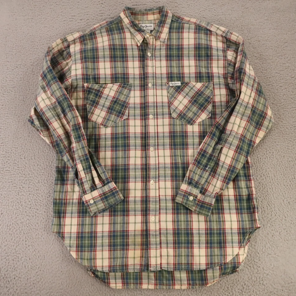 Pepe Jeans Shirt Mens XL Green Blue Plaid Button Up Made in USA Oxford Pockets - Image 2 of 4