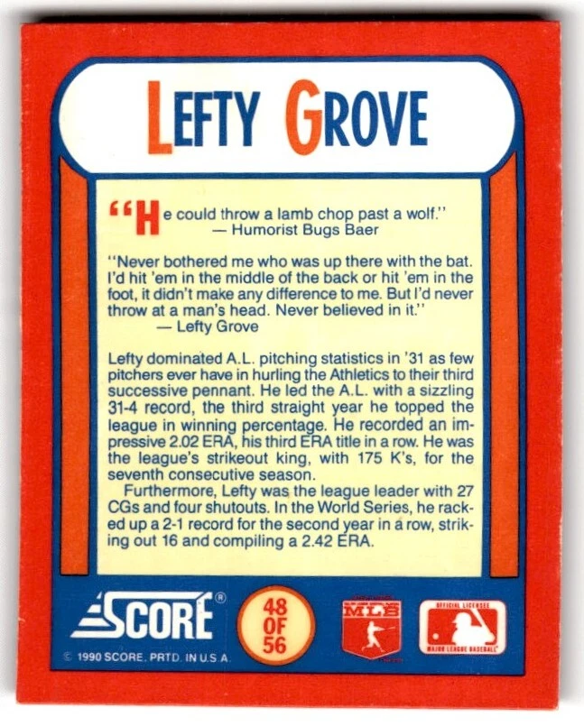 1990 Score Magic Motion Trivia Lefty Grove #48 - Image 2 of 2