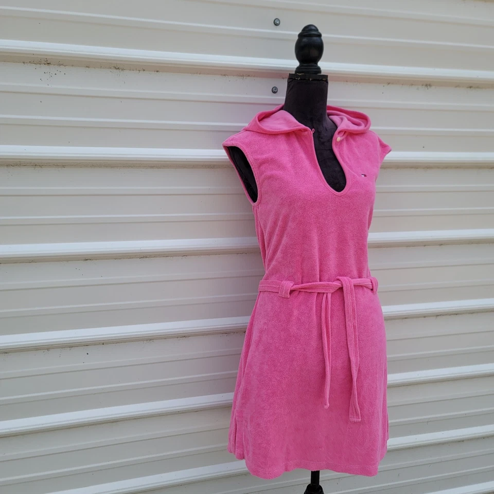 Tommy Hilfiger женщин v-образным вырезом прикрытие платье розовый полотенце хлопок галстук с капюшоном Sz S - Изображение 3 из 4