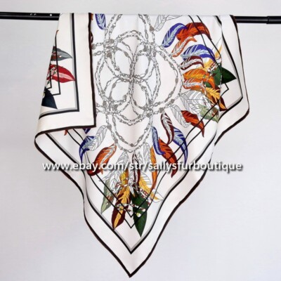 Sally Boutique 18 Momme Twill Silk Wrap Scarf Feathers Print 2 Face Shawl 35''