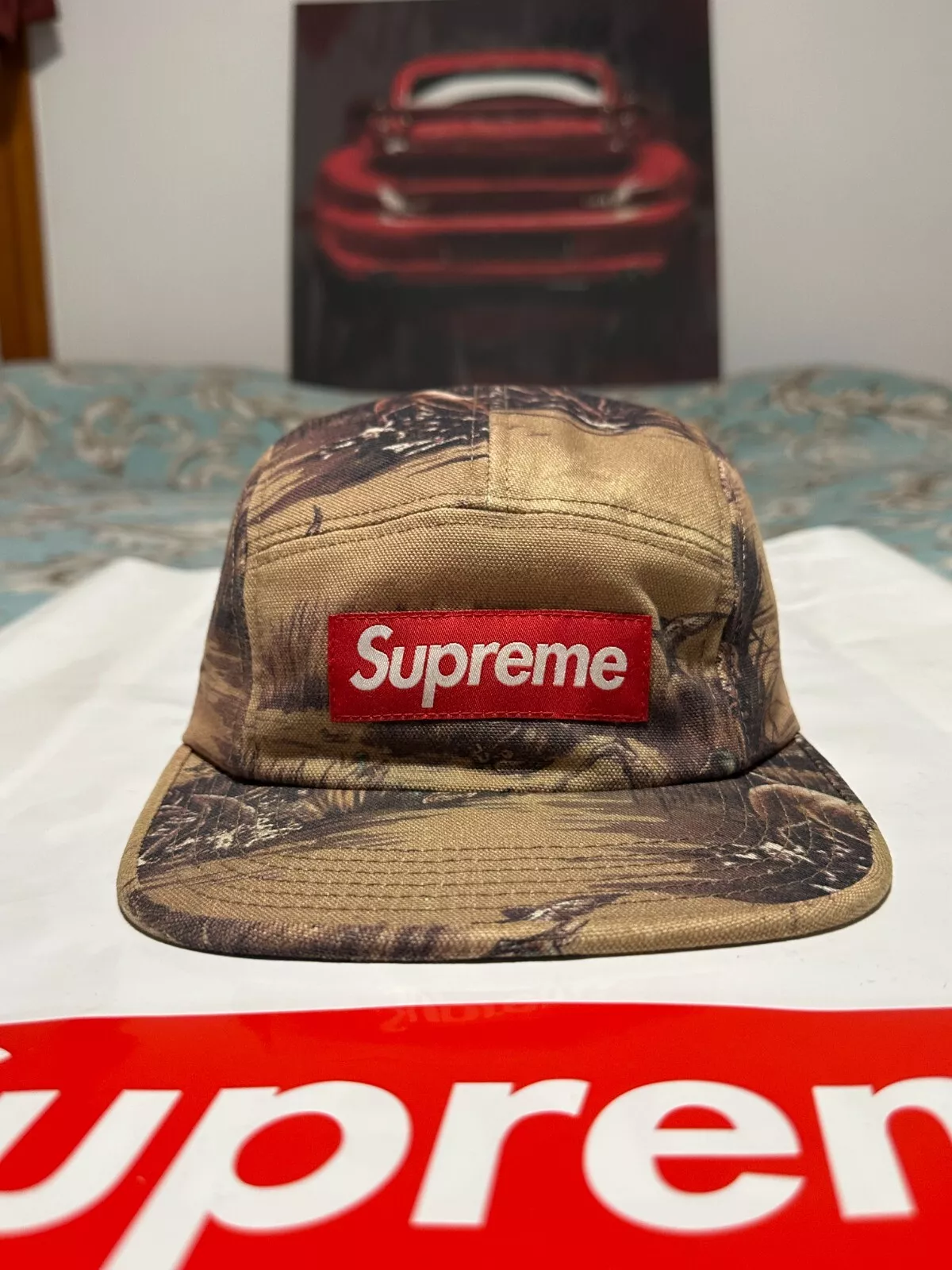 CASQUETTE DE CAMP SUPRÊME CHIENS ET CANARDS (TAN) FW12 VINTAGE UTILISÉE 5 PANNEAUX 6 PANNEAUX CHAPEAU