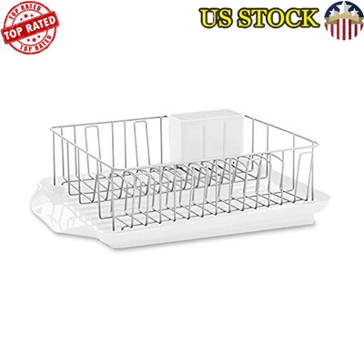 Large Rust Resistant Dish Rack W/ Removable Flatware Caddy & Drain Board White