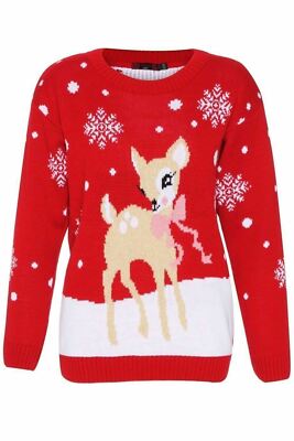 WOMEN'S LADIES BABY DEER WITH SCARF XMAS JUMPER SWEATSHIRT NEW UK
