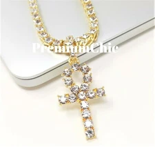 Iced ANKH Cross Pendant & Tennis Chain Mens Gold Plated CZ Hip Hop Necklace
