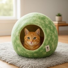 Green Swirl Felt Cat Cave Wool Cat Bed Handmade Round Cat House
