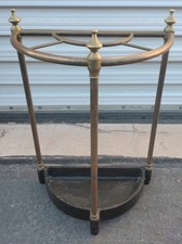 English Victorian Brass Demi Lune Umbrella Stand With Cast Iron Base Drip Tray
