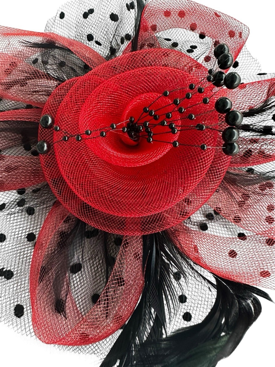 Red/Black Feather Mesh Fascinator Hat Clip/Band Wedding Tea  display picture 3