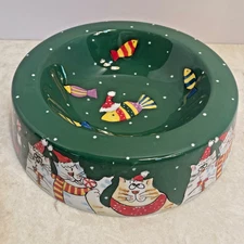 Cat Food Water Bowl Dish Christmas  Green Hand Painted Ceramic Comical Kitties