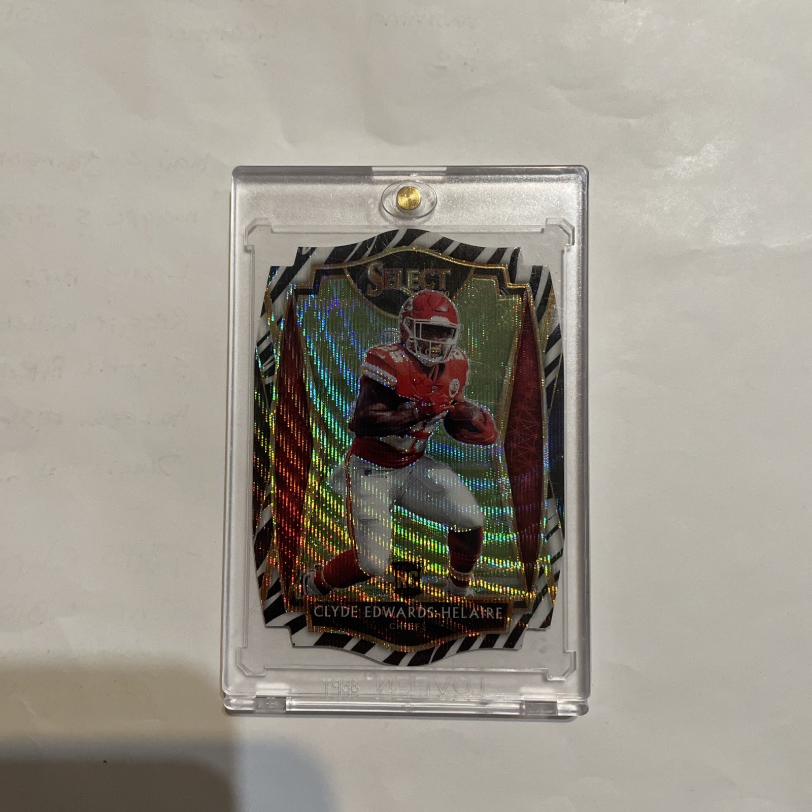 2020 Select Premier Level Zebra Prizm Die-Cut Clyde Edwards-Helaire Rookie SSP