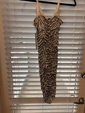 Women's Zebra Print Bodycon Dress - White, Black, Sleeveless, V-Neck, Ruched