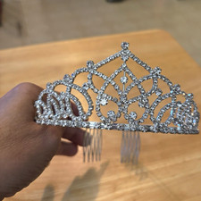 Silver Metal Rhinestone Bridal Tiara Headband with Side Combs
