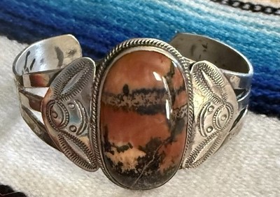 Vtg Navajo Old Pawn Petrified Wood Stamped Silver Cuff Bracelet 6.25  33g AS IS