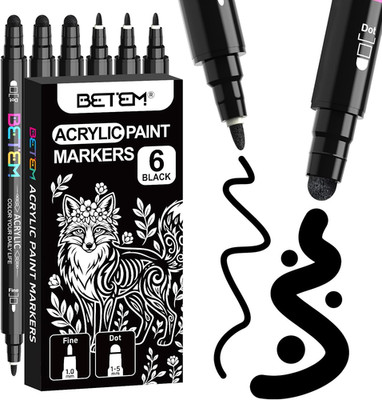 6 Black Dual Tip Acrylic Paint Markers, Fabric Decorating Kits Premium Water-Bas