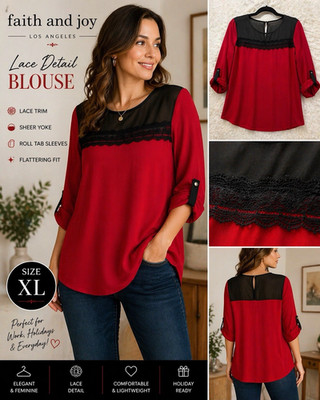 Faith & Joy XL Red Black Color Block Blouse Sheer Lace Yoke Roll Tab Top