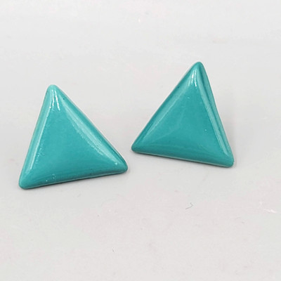 Vintage Teal Triangle Pierced Earrings Drop Acrylic 7/8''