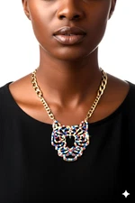 Handmade One-Of-A-Kind Multicolor Rhinestones Panther Tiger Face Casual Necklace