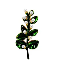 Green leaf pin brooch with small white pearls and green shiny enamel finish New