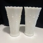 2 Anchor Hocking Milk Glass Vase Scalloped Rim Teardrop Pearl Pattern VTG 7 in