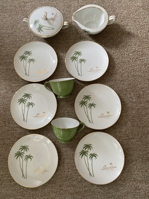 Vintage Noritake RC Japan Palmenmuster Porzellan Set. Teller, Tassen, Zucker, Kanne