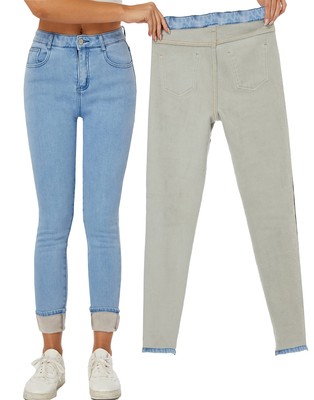 Damen Fleece gefütterte Winter Jeans warmer taillierter Schnitt High Waist Gr...