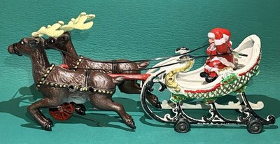 Hubley Style Cast Iron Santa Claus Sleigh & Reindeer Christmas Decoration 
