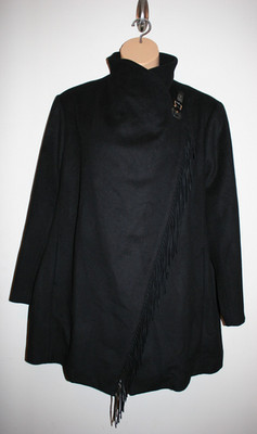 Womens Ralph Lauren Fringe Cape Dress Coat With Pockets Solid Black 22W