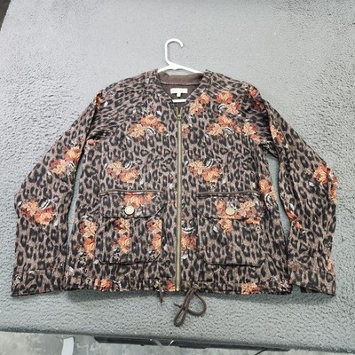 Democracy Jacket Womens Large Brown Leopard Floral Full Zip Drawstring Pockets
