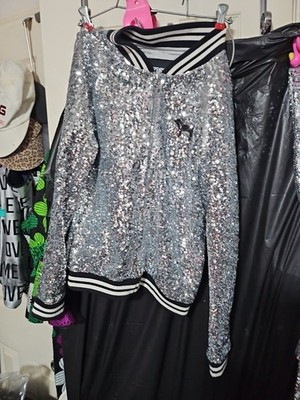 NEW! PINK Victoria's Secret Silver Sequin Bomber Jacket Size XS Tall Petite