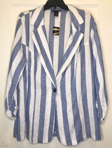 Ashley Stewart Size 16 White Blue Striped Ruched Long Sleeve Blazer Jacket NWT - Afbeelding 1 van 11