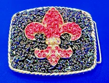 Fleur de Lis Heraldic Saints Symbol Pink Rhinestone Moon Buckles Art Belt Buckle